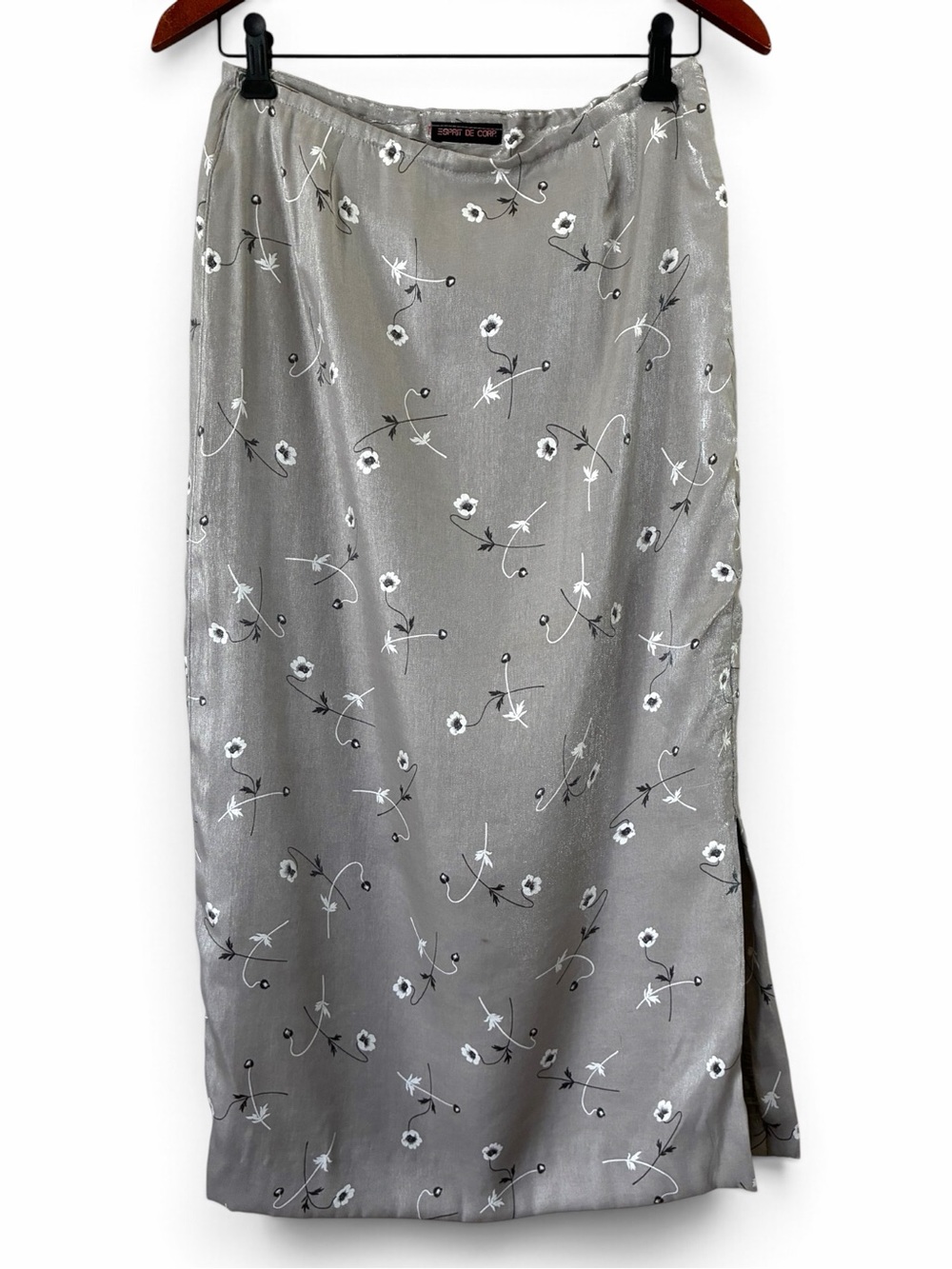 Esprit De Corp Vintage Silver Satin Floral Maxi Skirt Side Slit Grey Shimmer